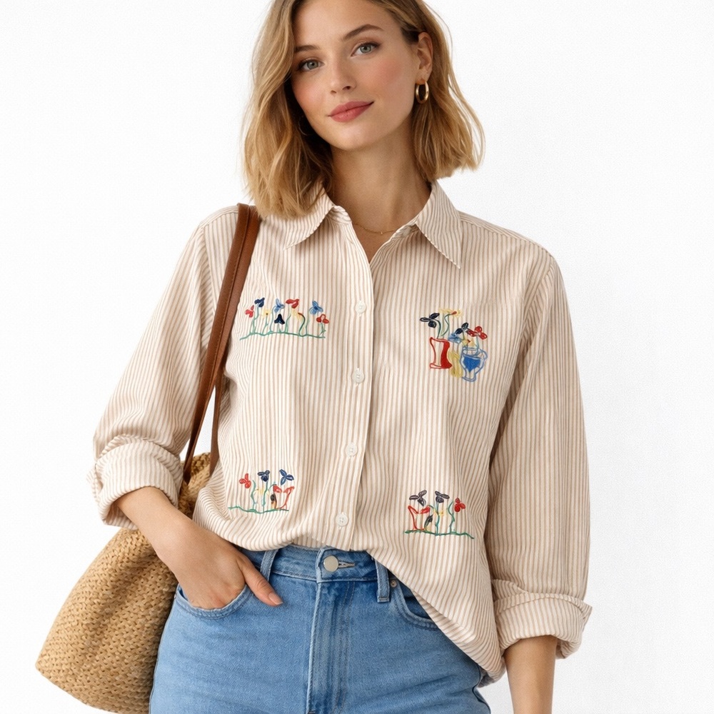 90s Embroidered Striped Button-Up Shirt Size 12 Beige Relaxed Boyfriend Fit